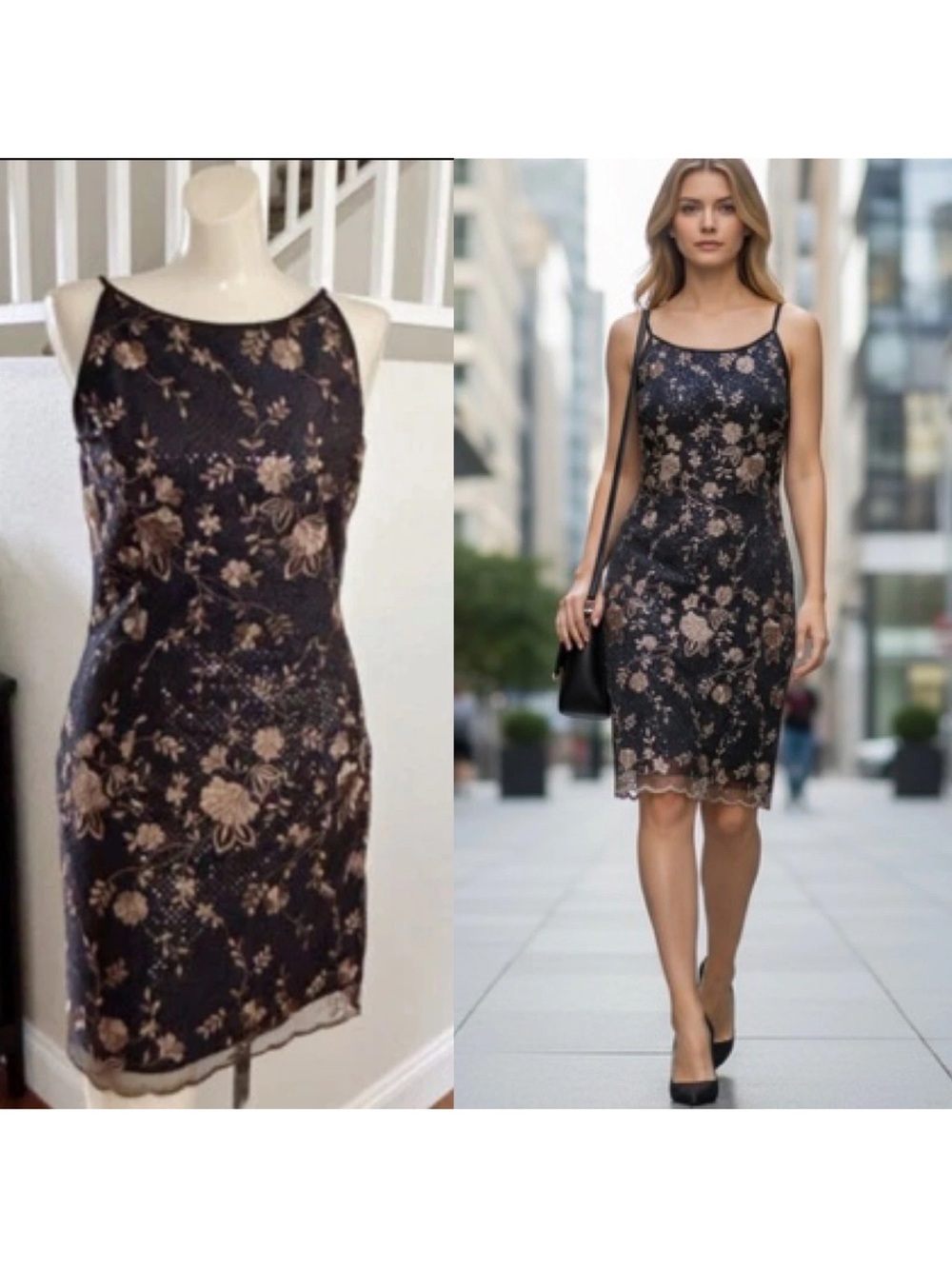Vintage Y2K 90s Jessica McClintock Spaghetti Strap Dress Sz 6 Lace Overlay Black